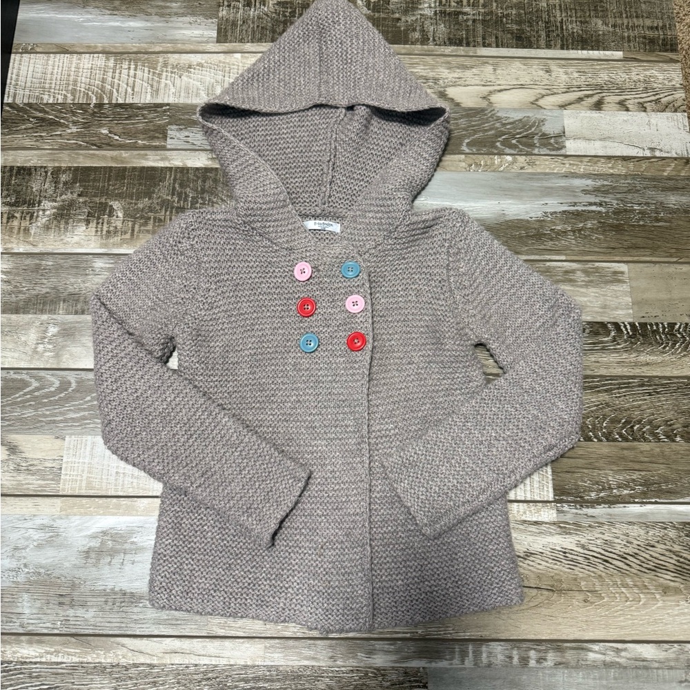 Mini Boden Sweater Girls 3T-4T Gray Cardigan Double Button Hood Chunky Toddler